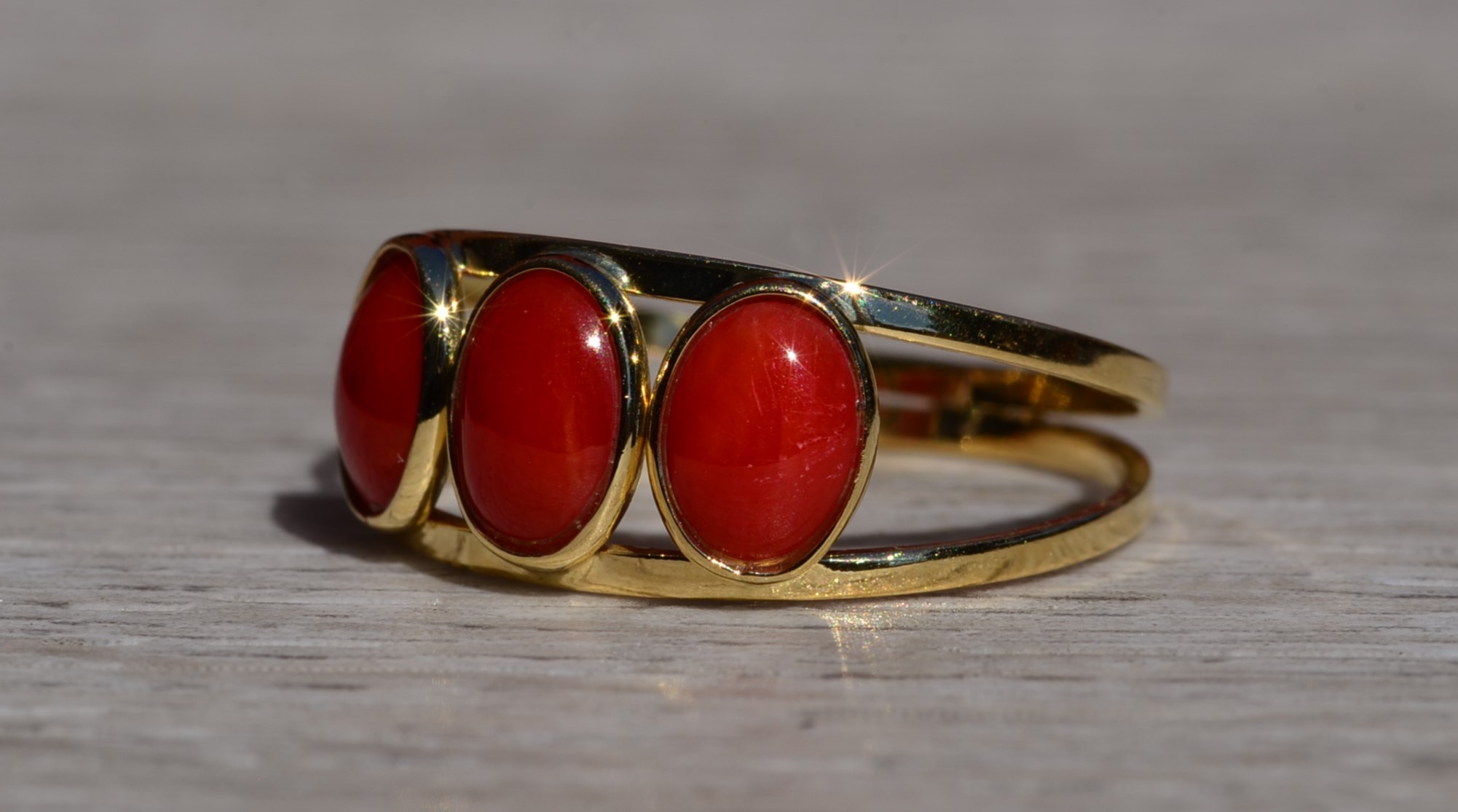 SOLD - The Decalb: Ladies 18K Yellow Gold Mid Century Coral Trilogy Ring - Image 3
