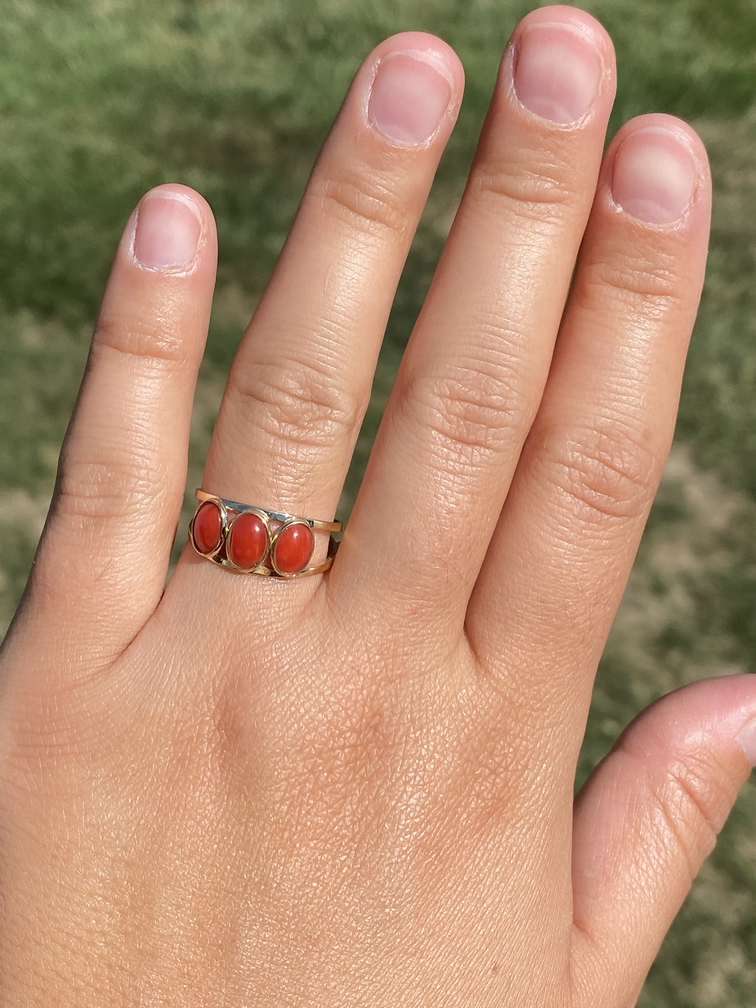 SOLD - The Decalb: Ladies 18K Yellow Gold Mid Century Coral Trilogy Ring - Image 8
