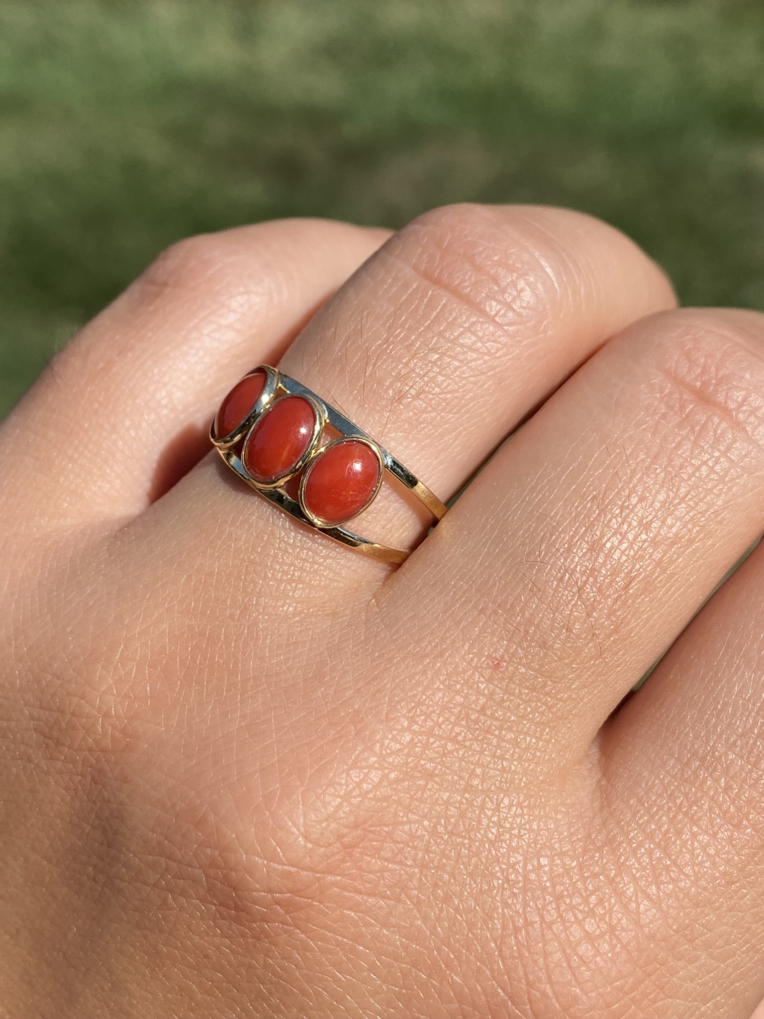 SOLD - The Decalb: Ladies 18K Yellow Gold Mid Century Coral Trilogy Ring - Image 9