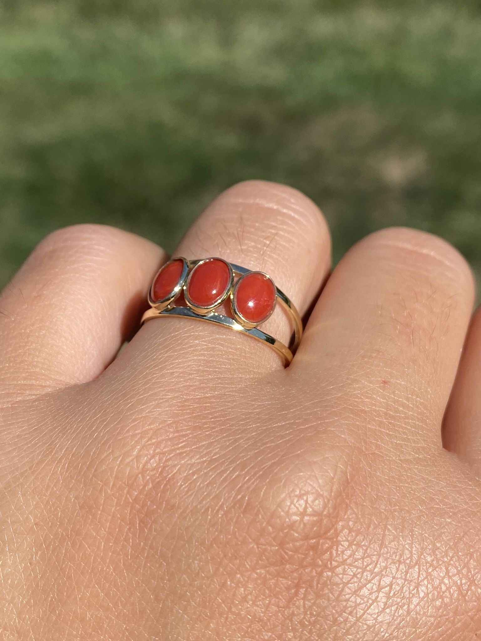 SOLD - The Decalb: Ladies 18K Yellow Gold Mid Century Coral Trilogy Ring - Image 10