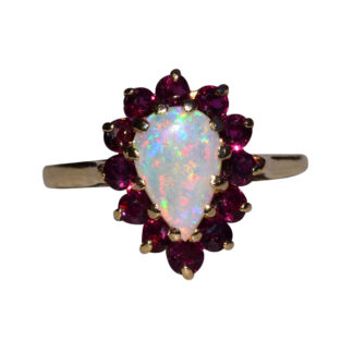SOLD - The Conover: Ladies 14K Yellow Gold Opal and Garnet Halo Ring