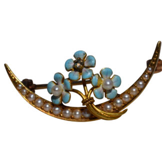 The McKendree:  Ladies Antique Rose Gold Crescent Moon Brooch set with Seed Pearls