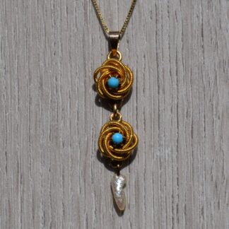 The Ellersie:  Ladies 14K Yellow Gold Natural Pearl and Turquoise Pendant