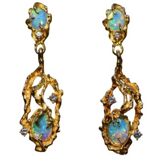 SOLD - The Benalla:  Mid Century Yellow Gold Opal and Diamond Dangler Earrings