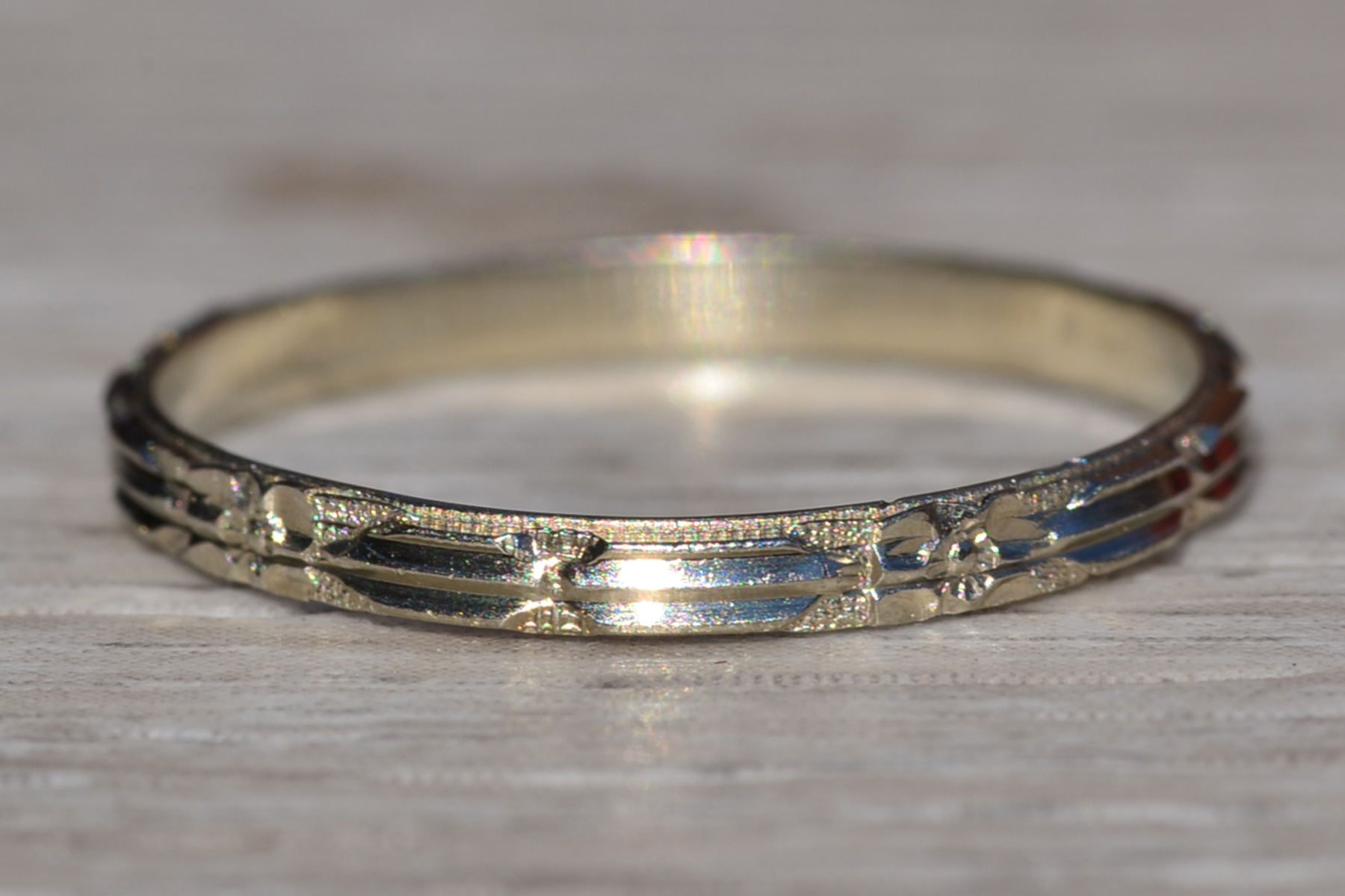 SOLD - Antique Hand Engraved White Gold Wedding Band - Image 2
