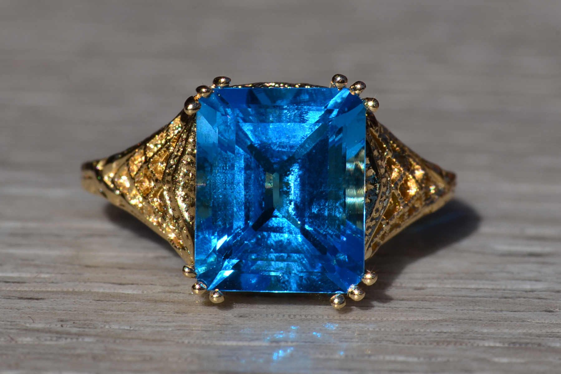 SOLD - The Lilydale: Emerald Cut Vivid Swiss Blue Topaz in Yellow Gold Filigree Setting - Image 2