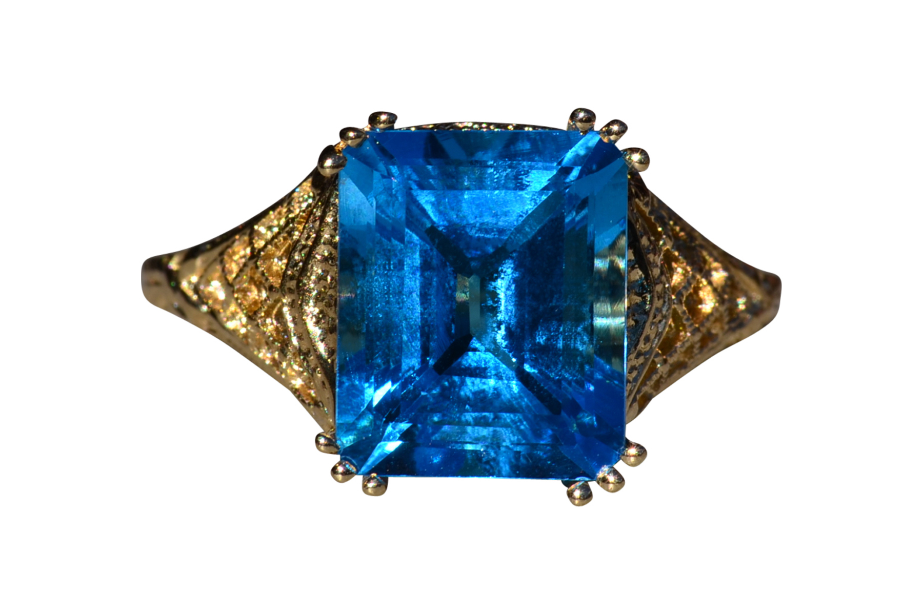 SOLD - The Lilydale: Emerald Cut Vivid Swiss Blue Topaz in Yellow Gold Filigree Setting