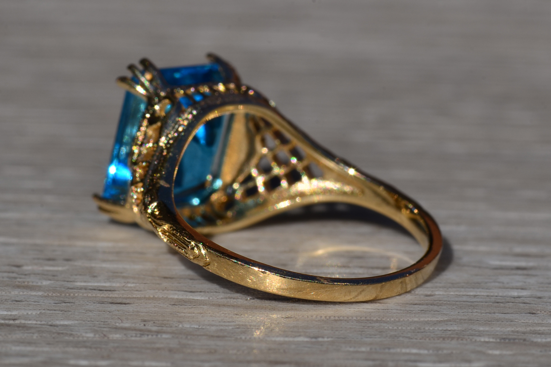 SOLD - The Lilydale: Emerald Cut Vivid Swiss Blue Topaz in Yellow Gold Filigree Setting - Image 4