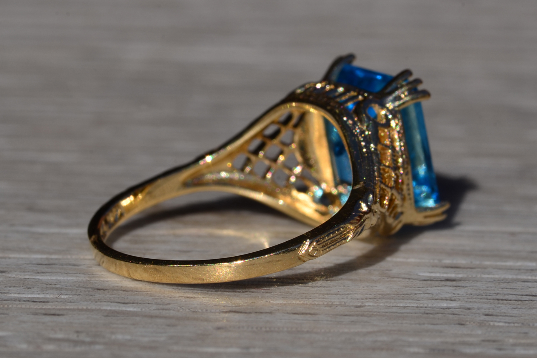 SOLD - The Lilydale: Emerald Cut Vivid Swiss Blue Topaz in Yellow Gold Filigree Setting - Image 6
