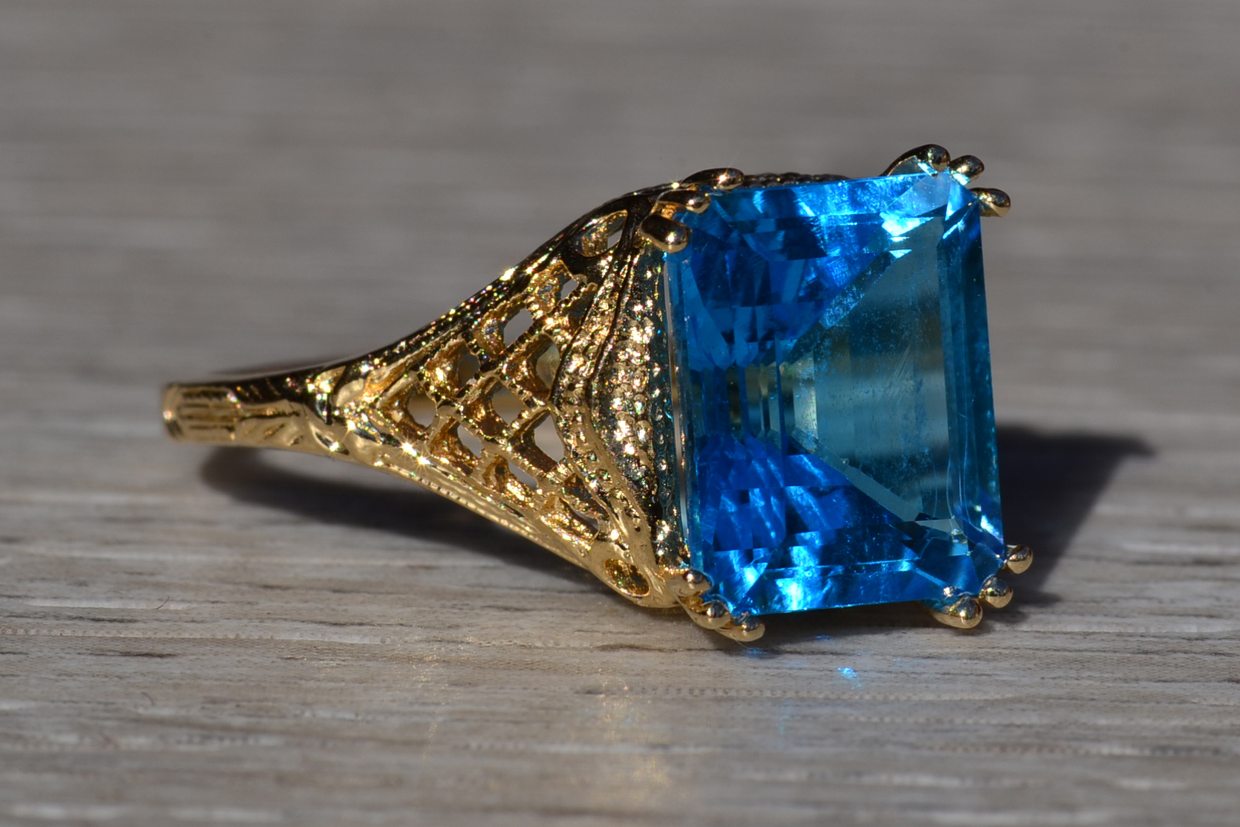 SOLD - The Lilydale: Emerald Cut Vivid Swiss Blue Topaz in Yellow Gold Filigree Setting - Image 5