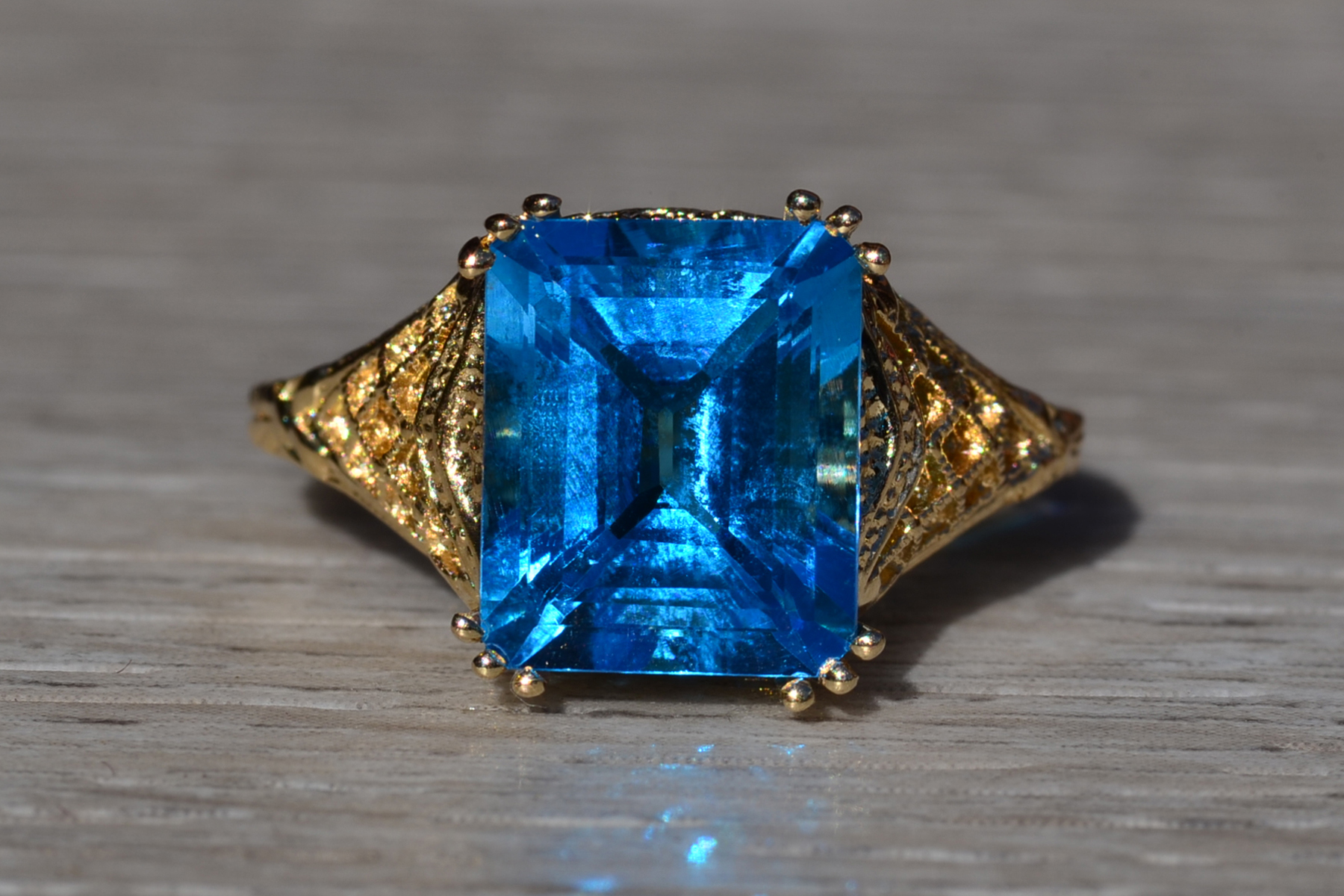 SOLD - The Lilydale: Emerald Cut Vivid Swiss Blue Topaz in Yellow Gold Filigree Setting - Image 7