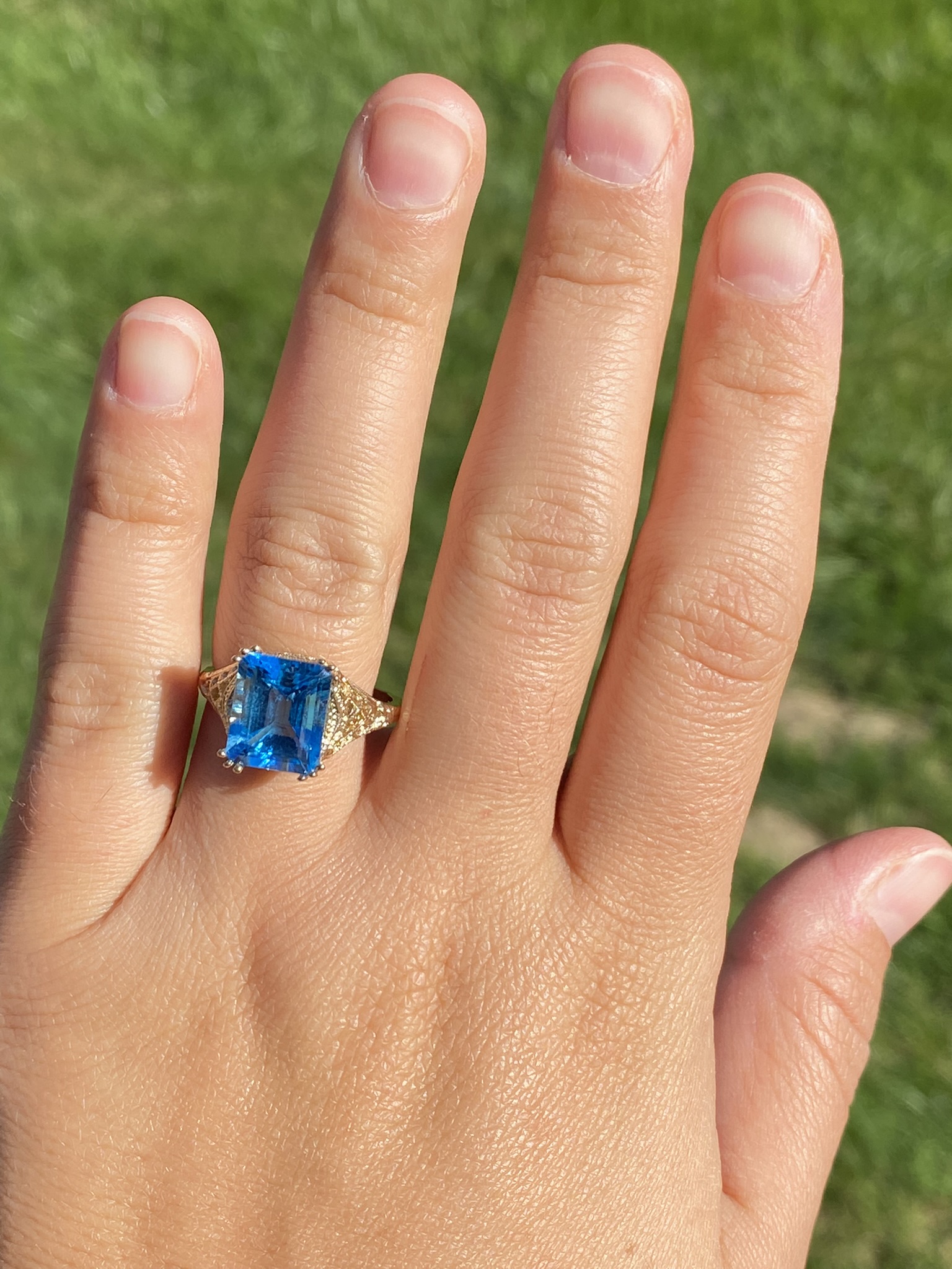 SOLD - The Lilydale: Emerald Cut Vivid Swiss Blue Topaz in Yellow Gold Filigree Setting - Image 8