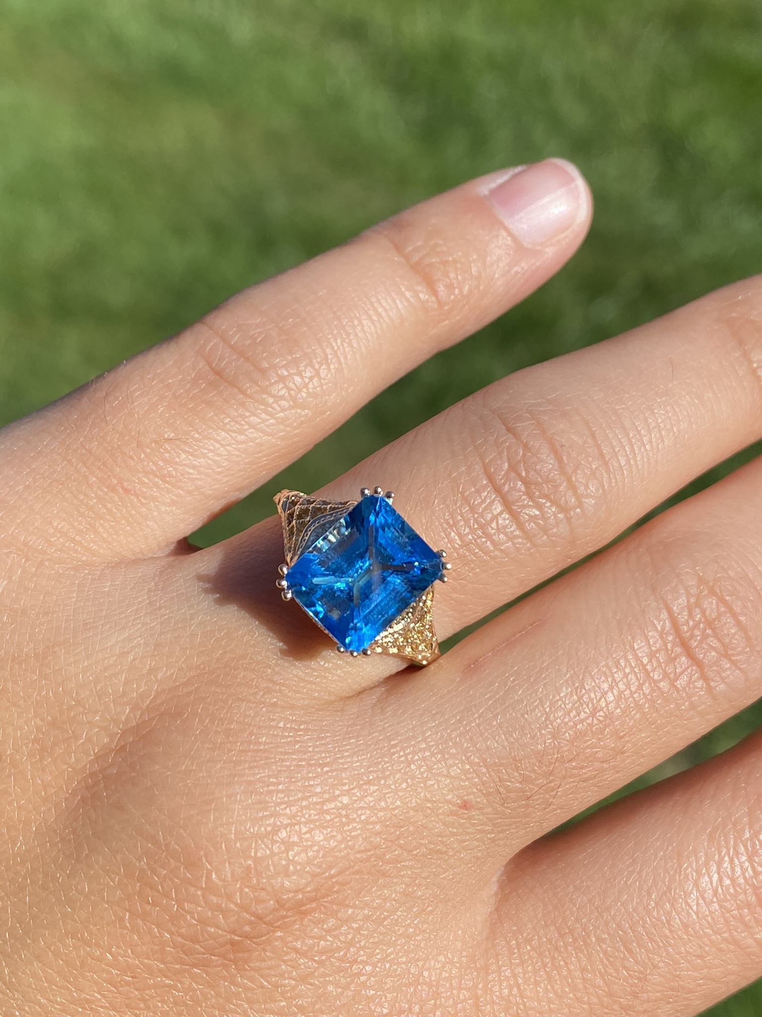 SOLD - The Lilydale: Emerald Cut Vivid Swiss Blue Topaz in Yellow Gold Filigree Setting - Image 9
