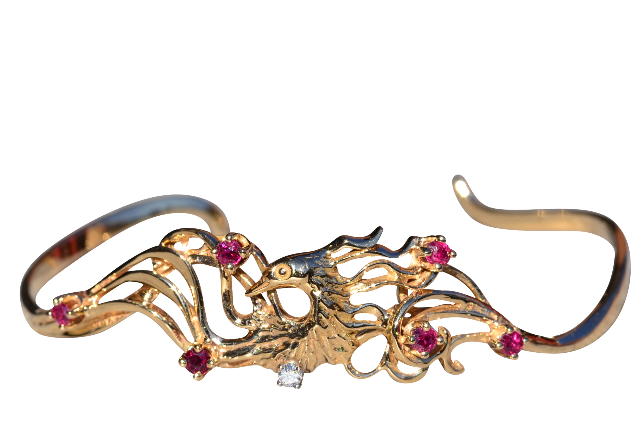 SOLD - The Carl Fab: Signed Faberge 14K Yellow Gold Cuff Bracelet set with Rubies and Diamonds