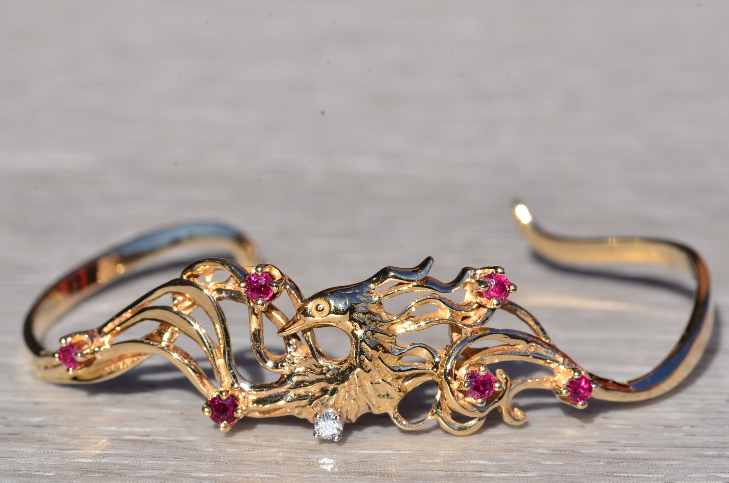 SOLD - The Carl Fab: Signed Faberge 14K Yellow Gold Cuff Bracelet set with Rubies and Diamonds - Image 2