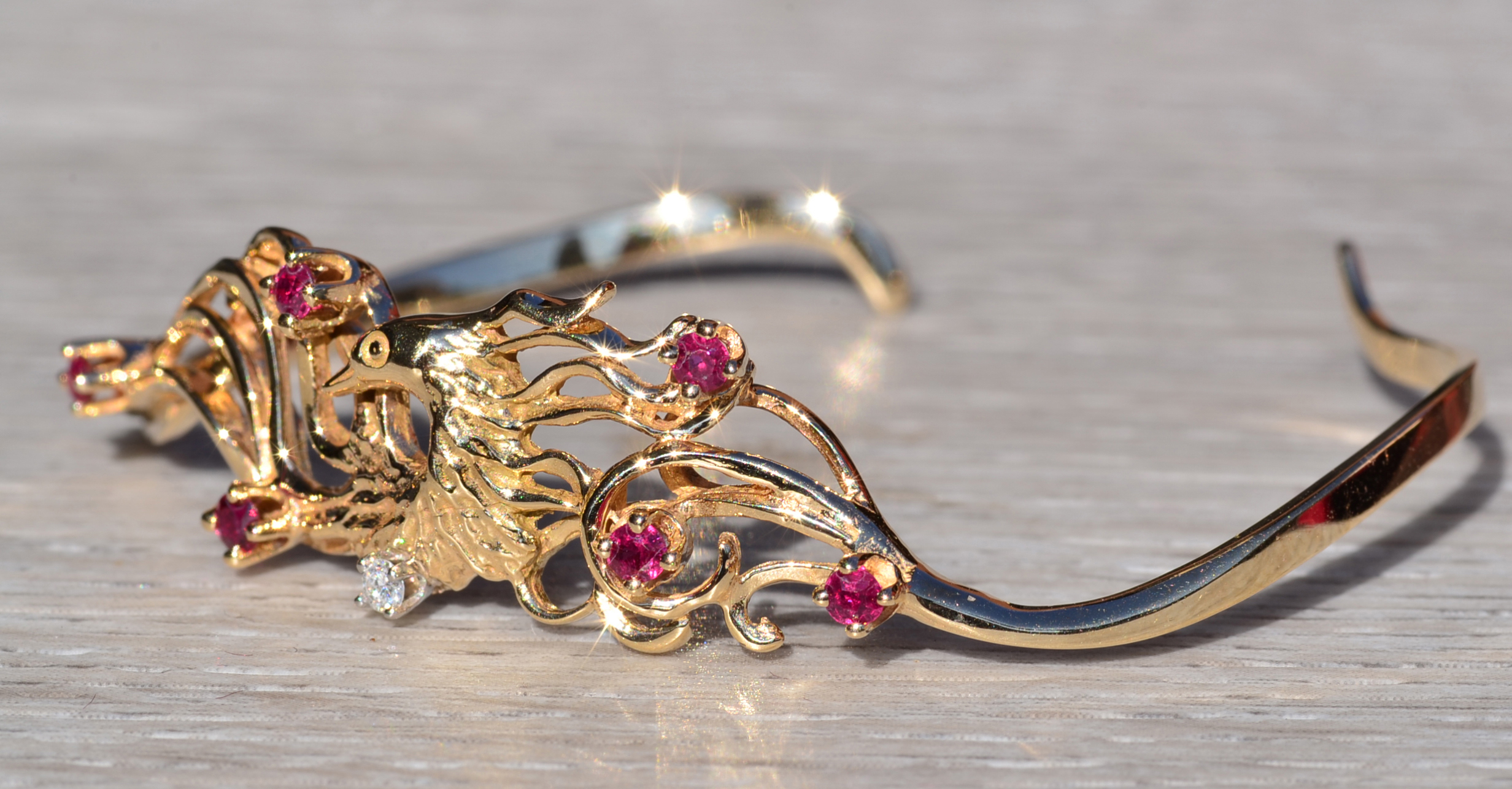 SOLD - The Carl Fab: Signed Faberge 14K Yellow Gold Cuff Bracelet set with Rubies and Diamonds - Image 3