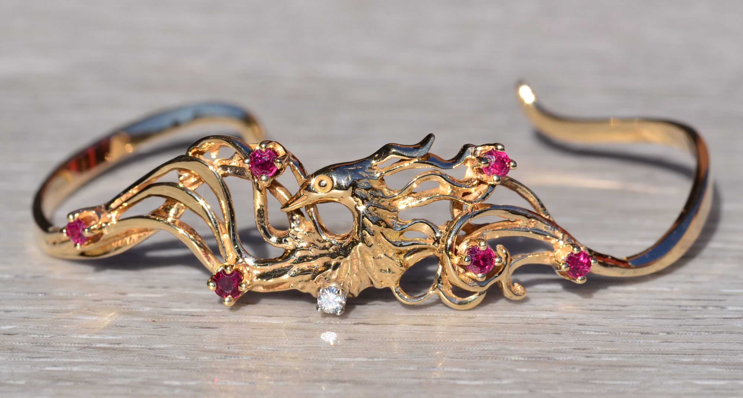 SOLD - The Carl Fab: Signed Faberge 14K Yellow Gold Cuff Bracelet set with Rubies and Diamonds - Image 7