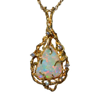 The Cicero:  Ladies Brutalist Style 14K Yellow Gold Opal and Diamond Pendant