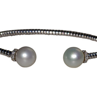 The Pavonia:  Ladies 18K White Gold Pearl and Diamond Open Cuff Bangle Bracelet