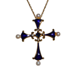 SOLD - The Portchurno:  Yellow Gold Cross With Dark Blue Enamel, Sapphire, Diamonds, and Pearls by the House of Igor Carl Faberge