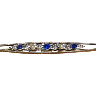 Ladies Antique 14K and Platinum Bar Brooch set with Sapphires and Pearls