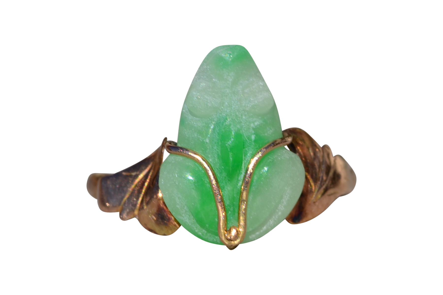 SOLD - Ladies Signed Moss in Snow Jadeite Jade Ring in 18K Rose Gold