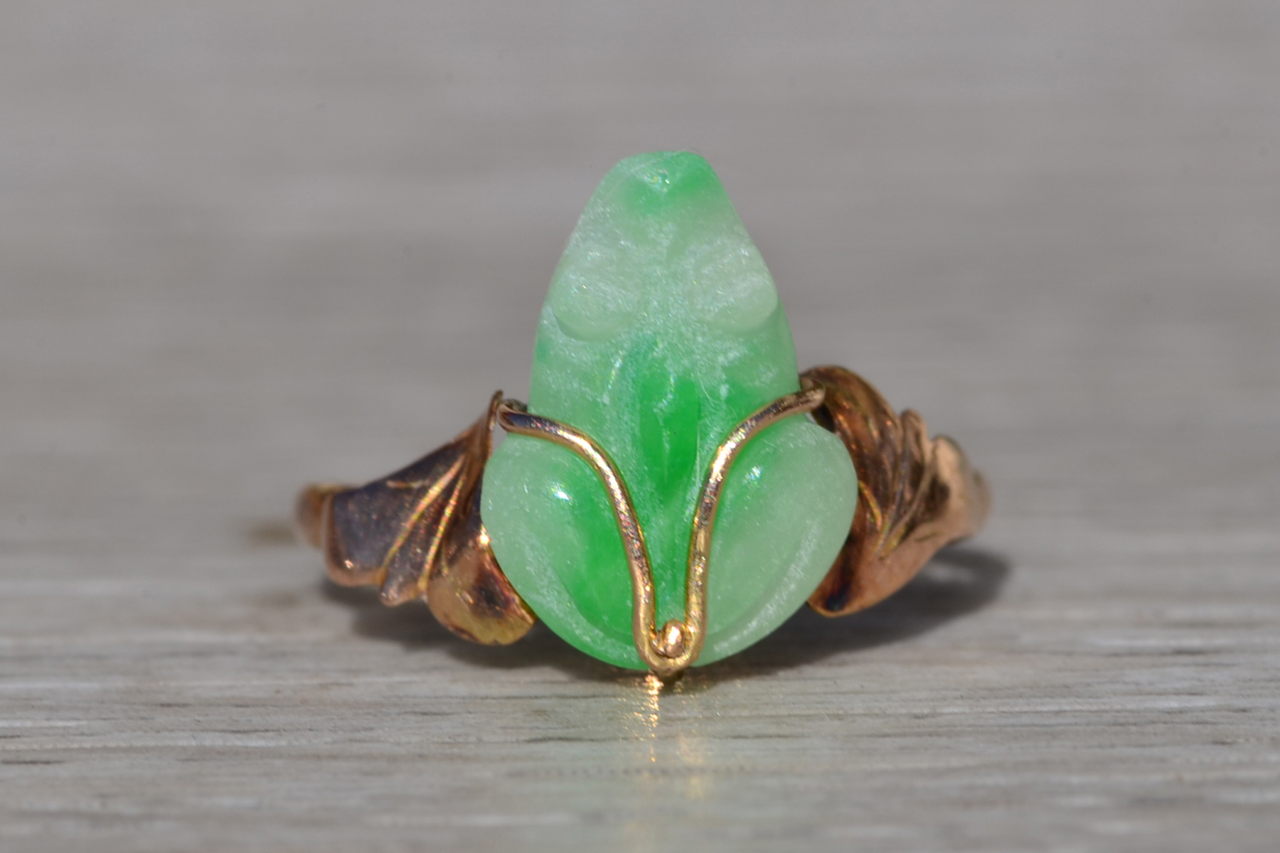 SOLD - Ladies Signed Moss in Snow Jadeite Jade Ring in 18K Rose Gold - Image 2