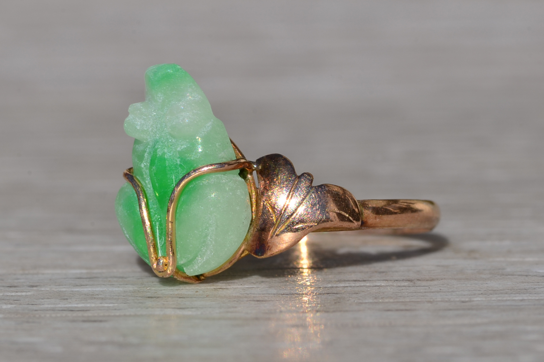 SOLD - Ladies Signed Moss in Snow Jadeite Jade Ring in 18K Rose Gold - Image 3