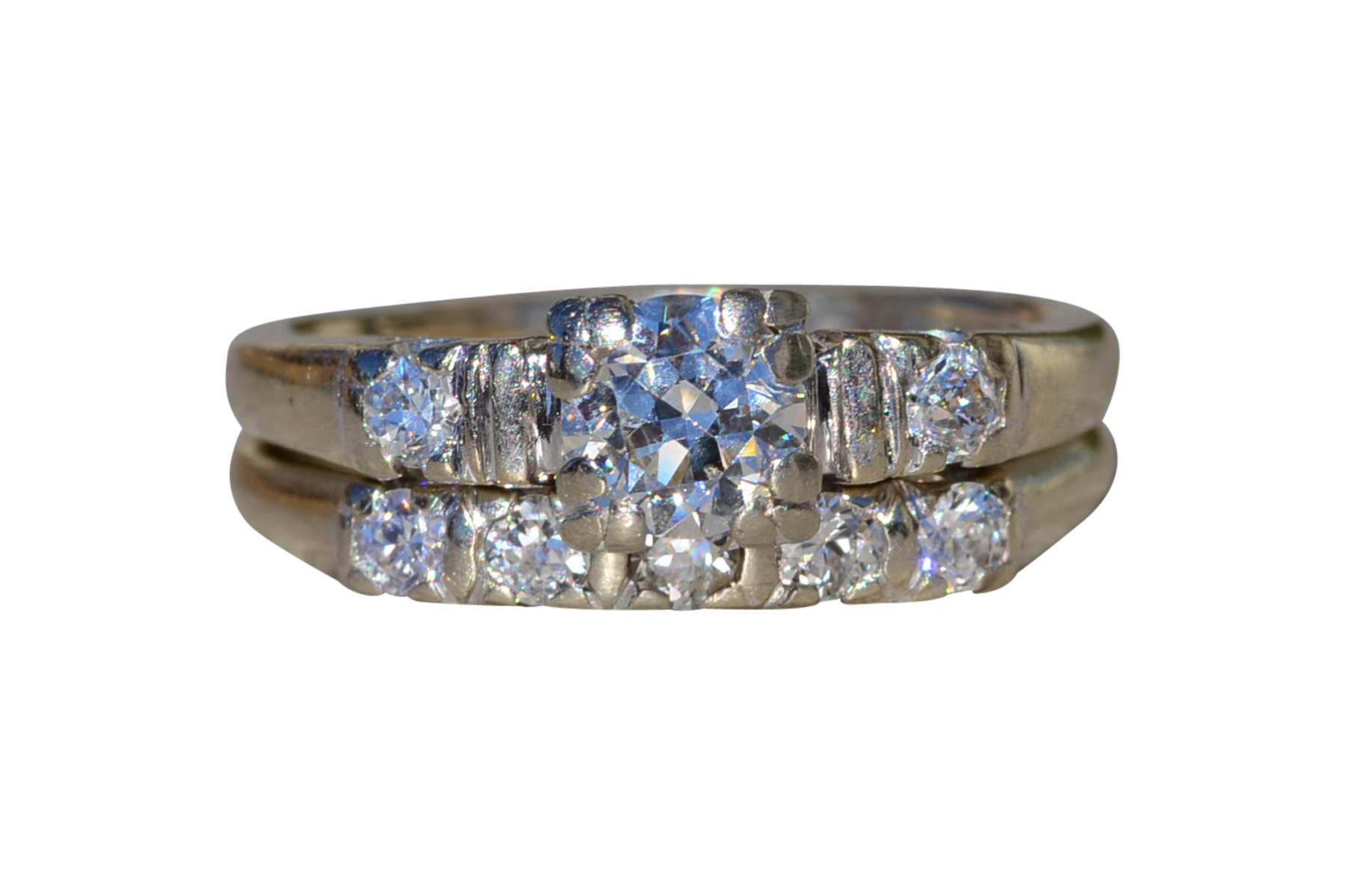 The Dinessen: Ladies Vintage 14K White Gold Bridal Ring Set with Diamonds