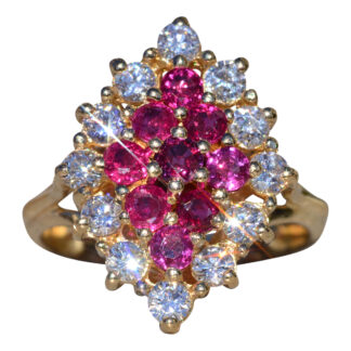 The Levista:  Ladies 14K Gold Cluster Ring set with Rubies and Diamonds