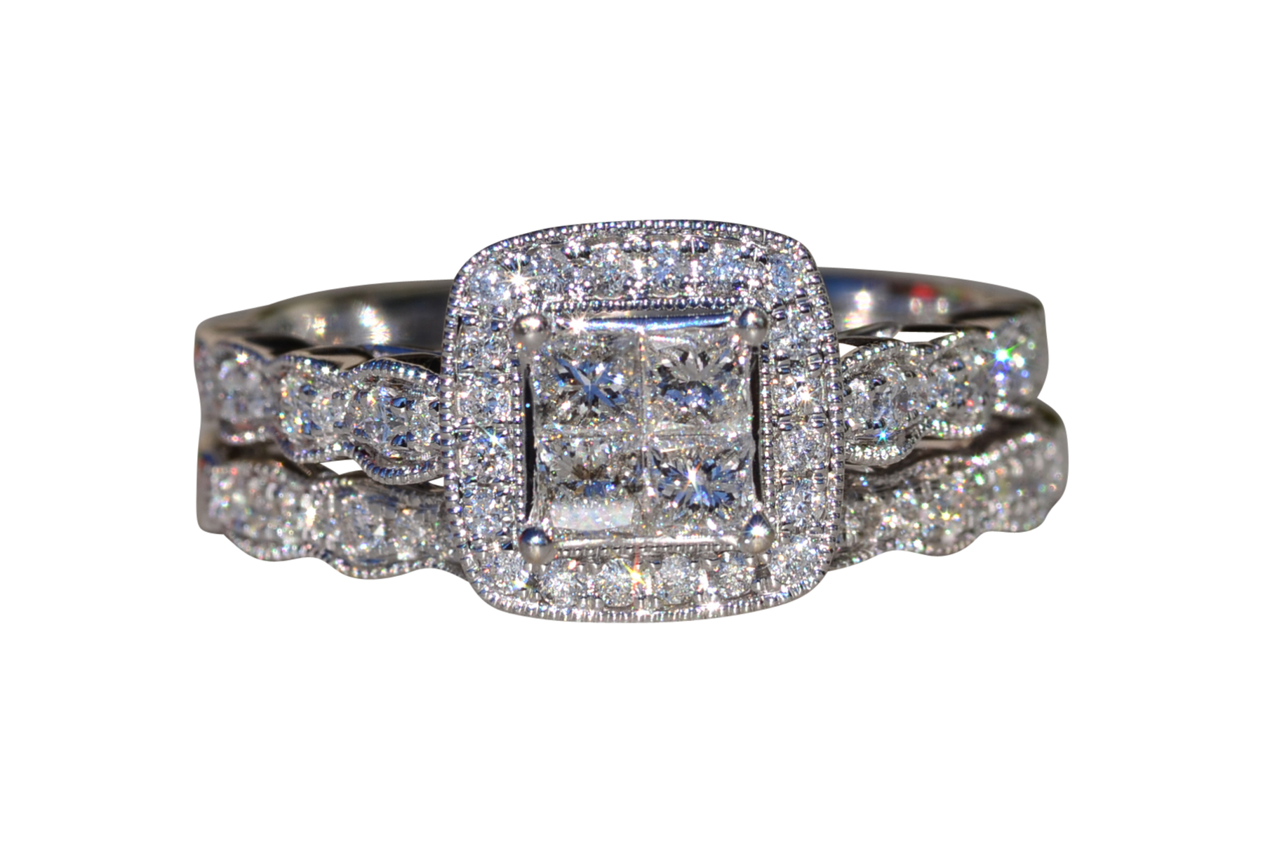 The Llanfair: Ladies 14K Mystery Set Diamond Engagement Ring and Wedding Band Bridal Set