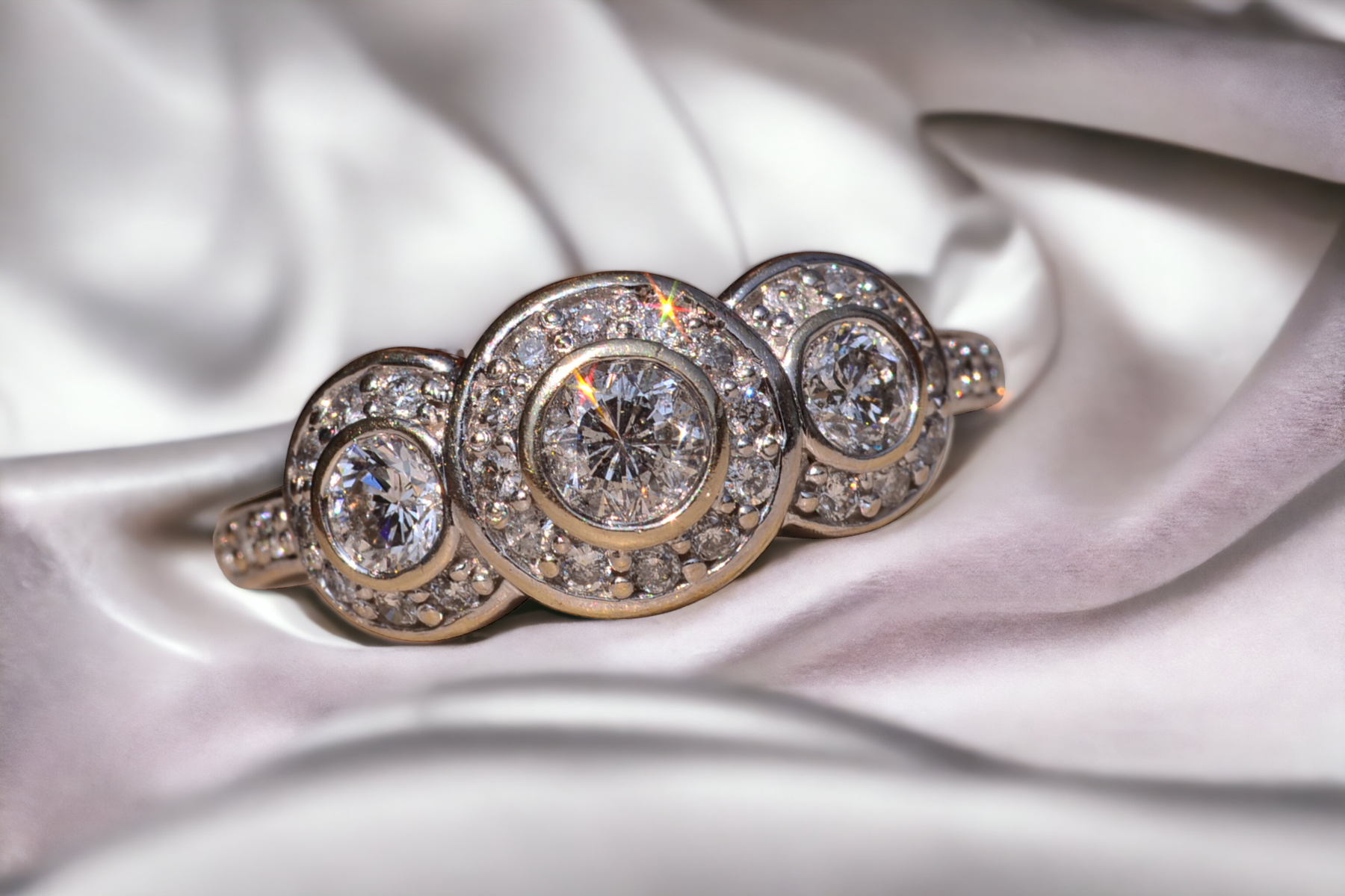 The Coast Road: Three Stone Halo Ring set with Natural Diamonds - Image 11