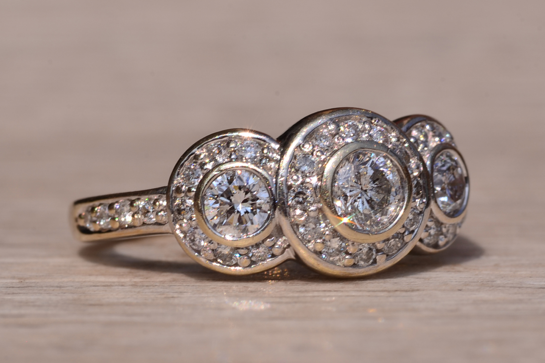 The Coast Road: Three Stone Halo Ring set with Natural Diamonds - Image 6