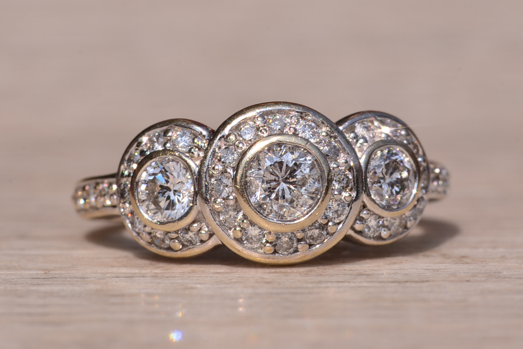 The Coast Road: Three Stone Halo Ring set with Natural Diamonds - Image 7