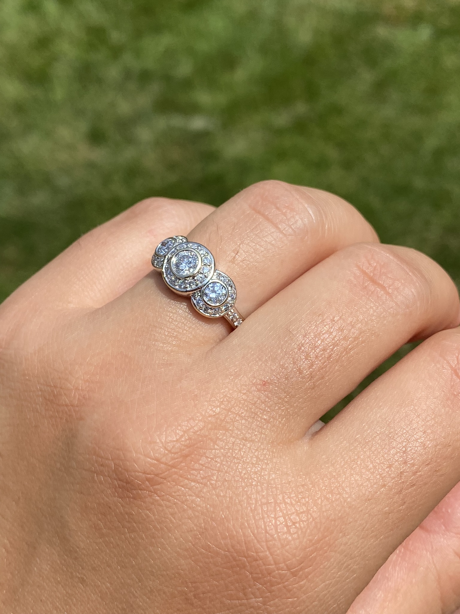 The Coast Road: Three Stone Halo Ring set with Natural Diamonds - Image 9