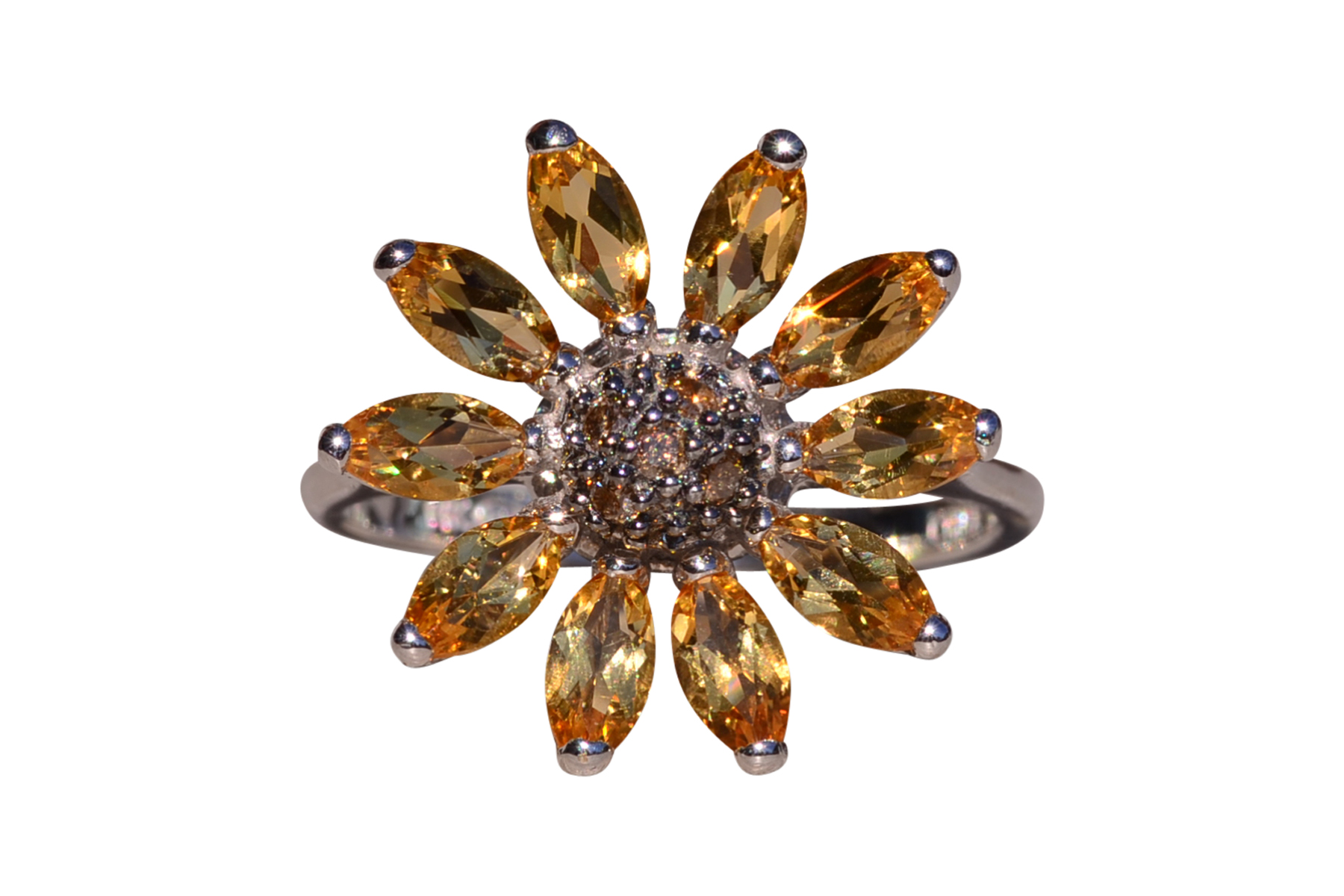 SOLD - The Sunflower: White Gold Sunflower Ring with Diamonds and Citrine