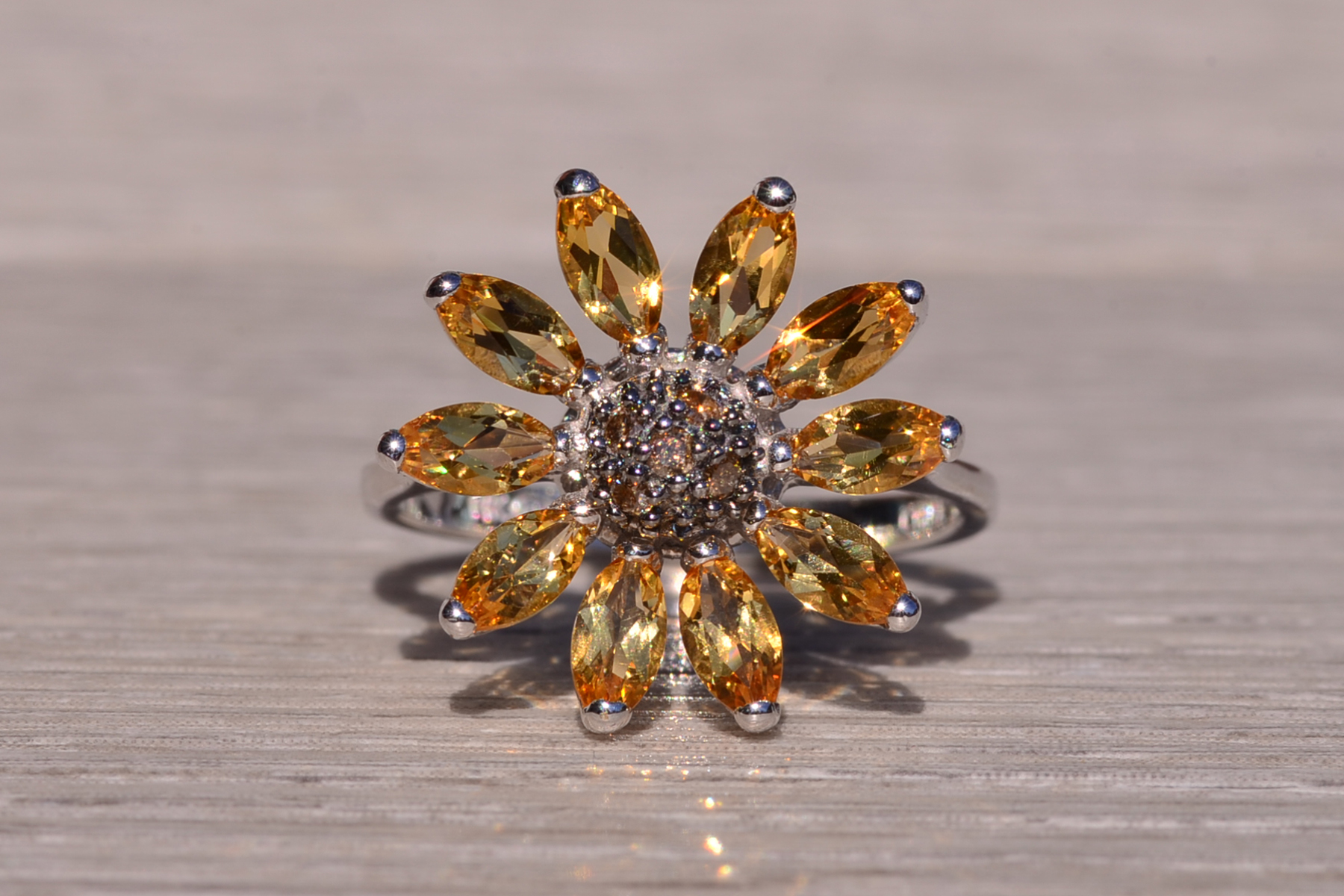 SOLD - The Sunflower: White Gold Sunflower Ring with Diamonds and Citrine - Image 2