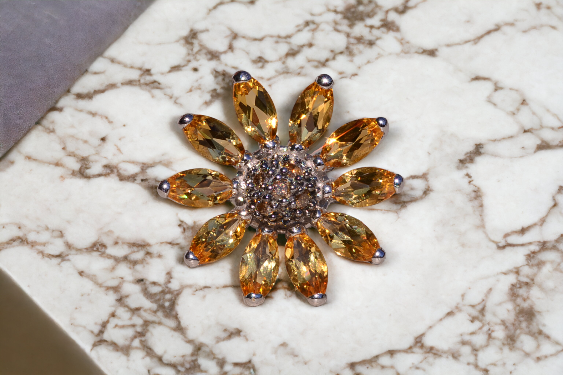 SOLD - The Sunflower: White Gold Sunflower Ring with Diamonds and Citrine - Image 8