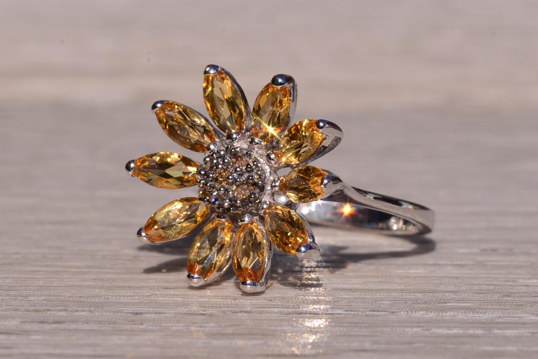 SOLD - The Sunflower: White Gold Sunflower Ring with Diamonds and Citrine - Image 3