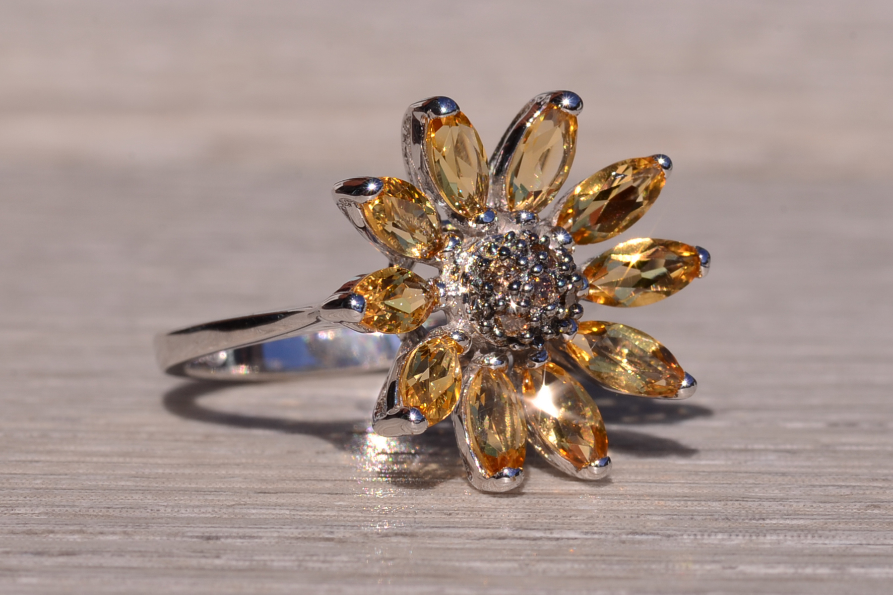 SOLD - The Sunflower: White Gold Sunflower Ring with Diamonds and Citrine - Image 6