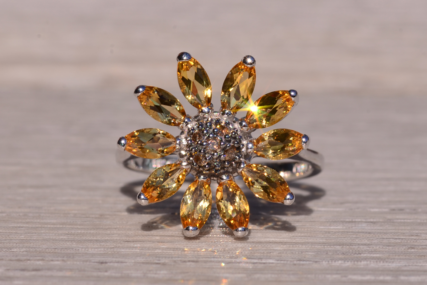 SOLD - The Sunflower: White Gold Sunflower Ring with Diamonds and Citrine - Image 7