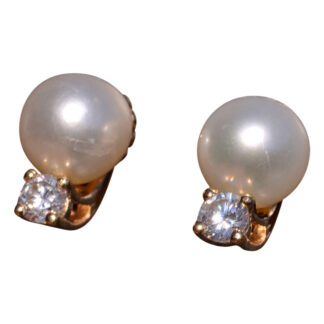 SOLD - The Royan: Pearl and Diamond Studs in Yellow Gold