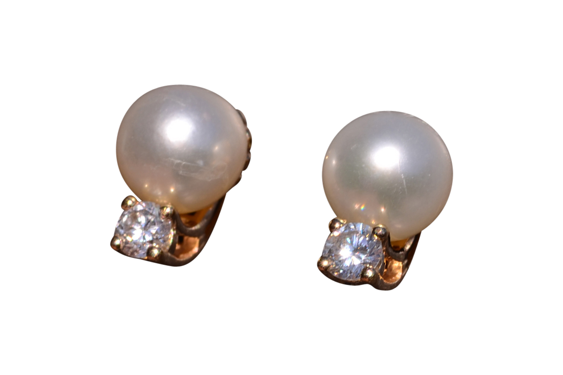 SOLD - The Royan: Pearl and Diamond Studs in Yellow Gold
