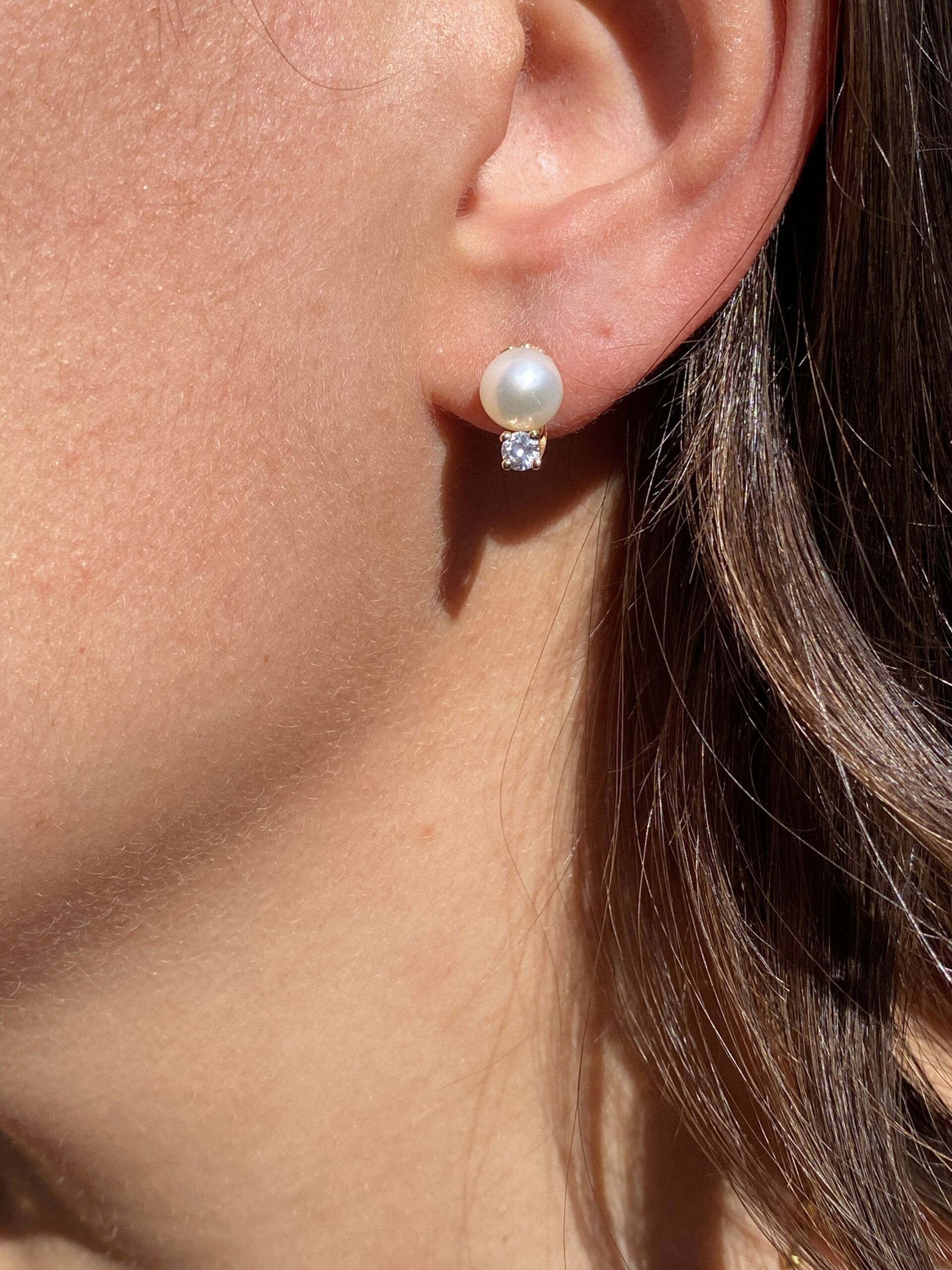 SOLD - The Royan: Pearl and Diamond Studs in Yellow Gold - Image 4