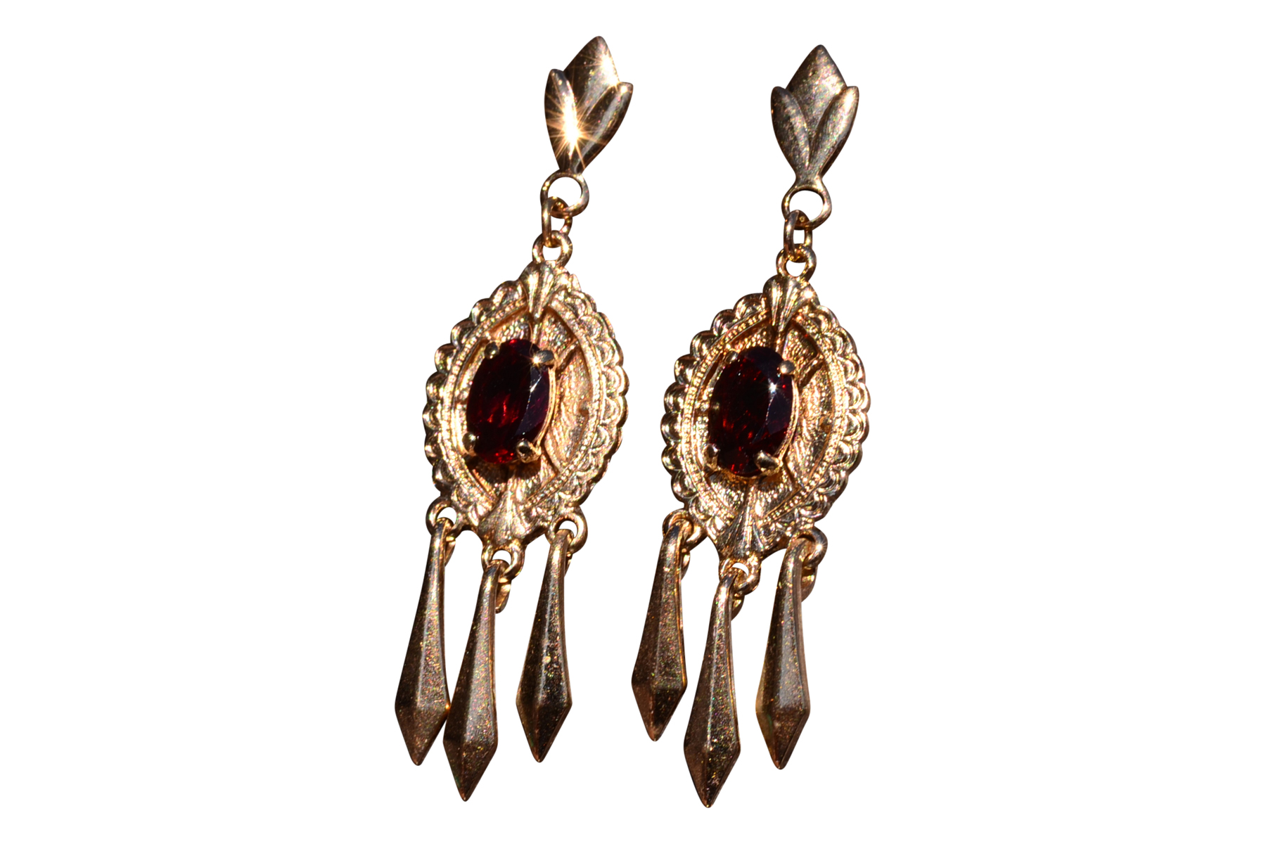The Agen: Garnet Dangler Earrings in Yellow Gold
