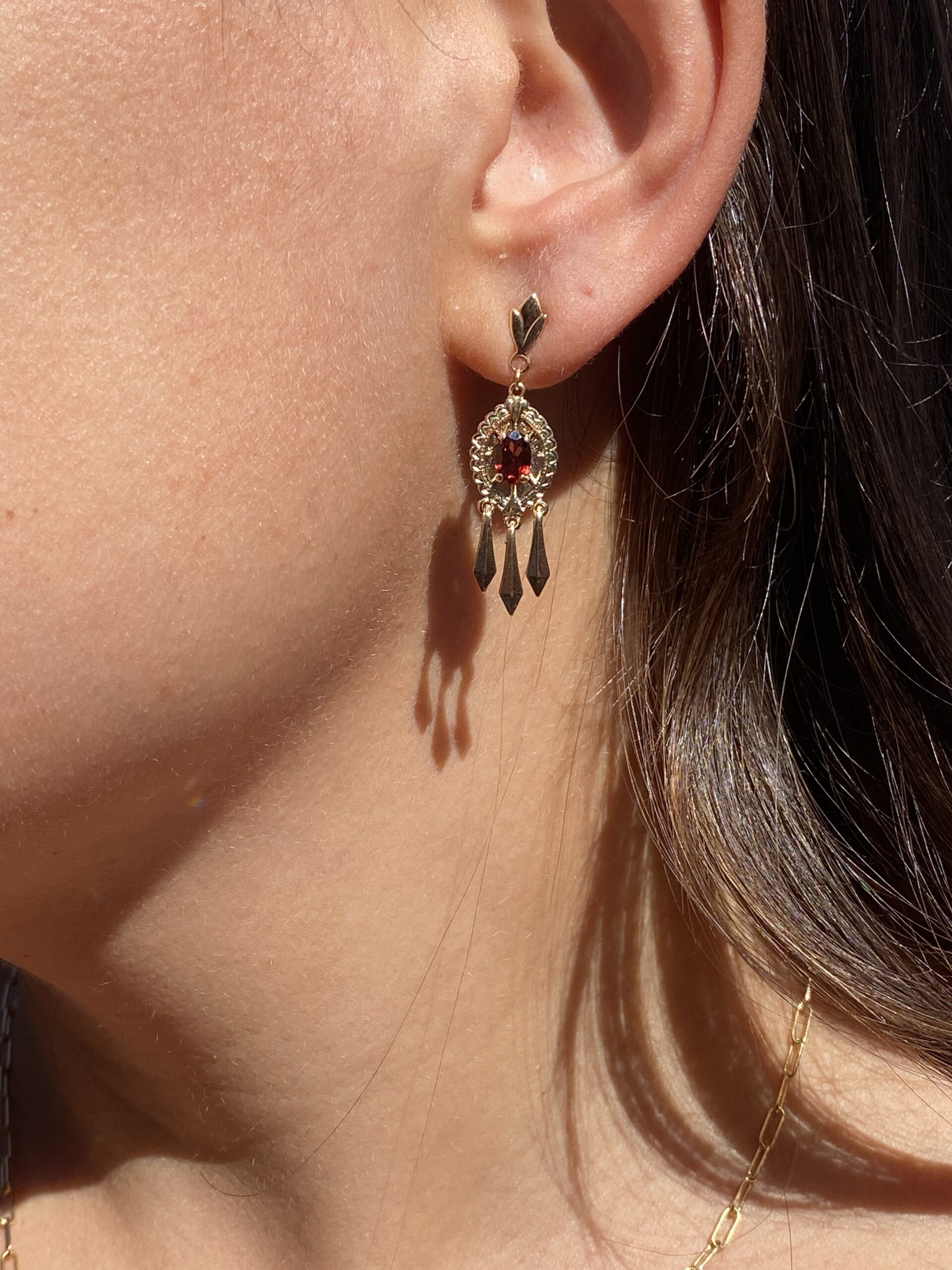 The Agen: Garnet Dangler Earrings in Yellow Gold - Image 5