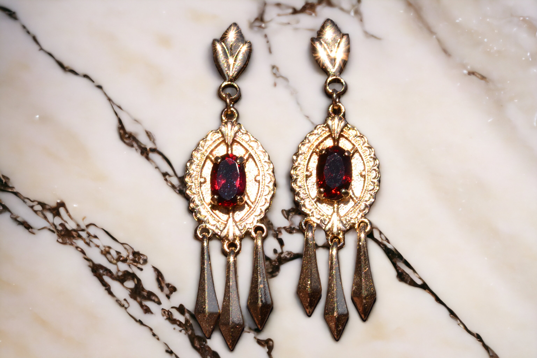 The Agen: Garnet Dangler Earrings in Yellow Gold - Image 4