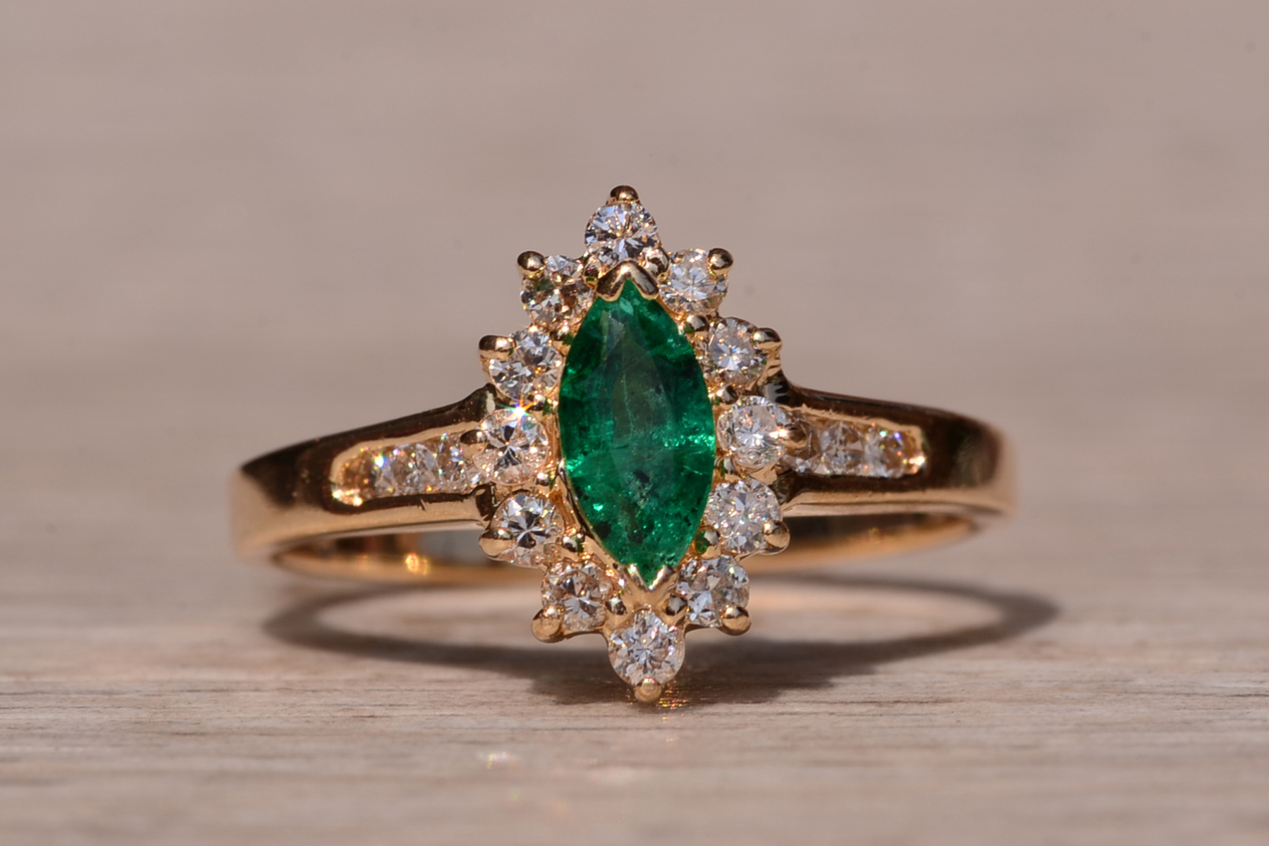 SOLD - The Gates Ave: Navette Emerald Ring with Diamonds - Image 2