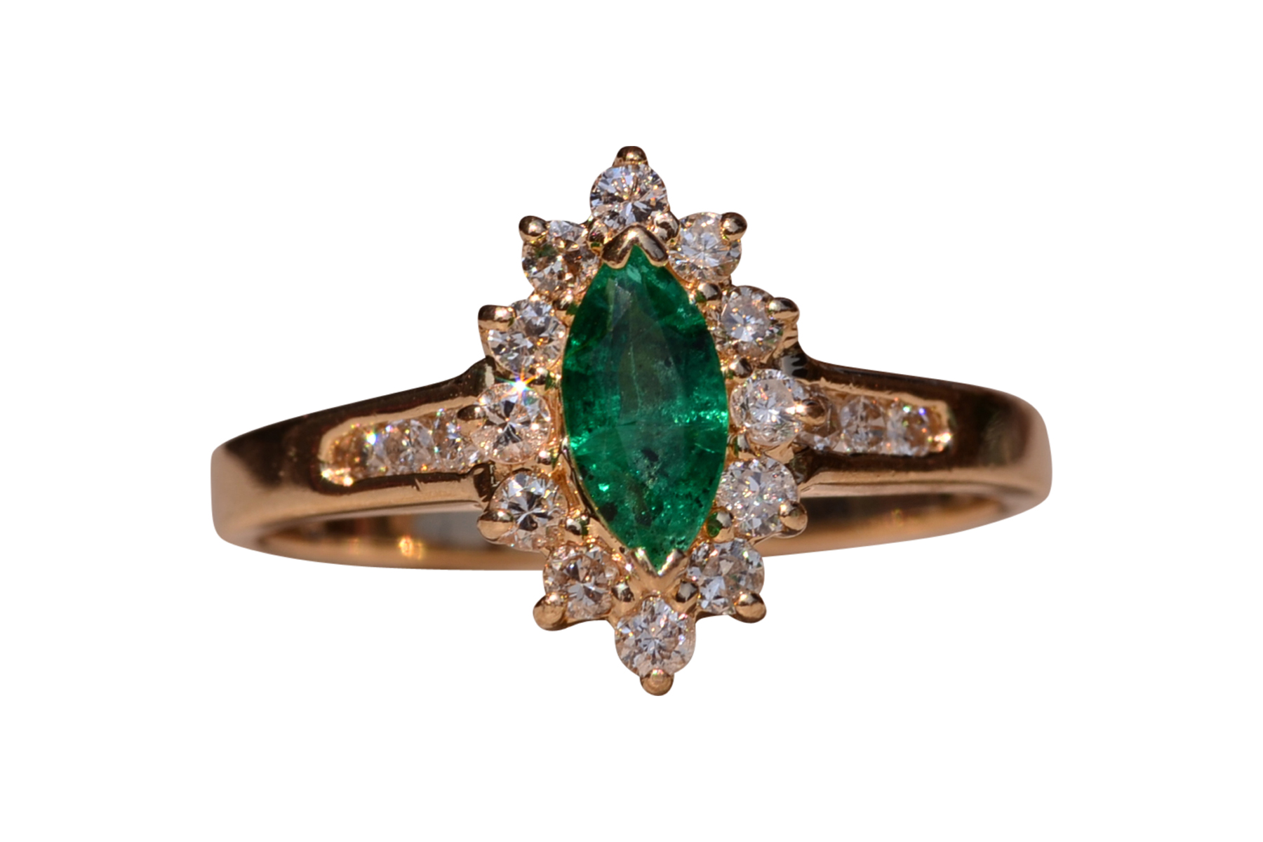 SOLD - The Gates Ave: Navette Emerald Ring with Diamonds