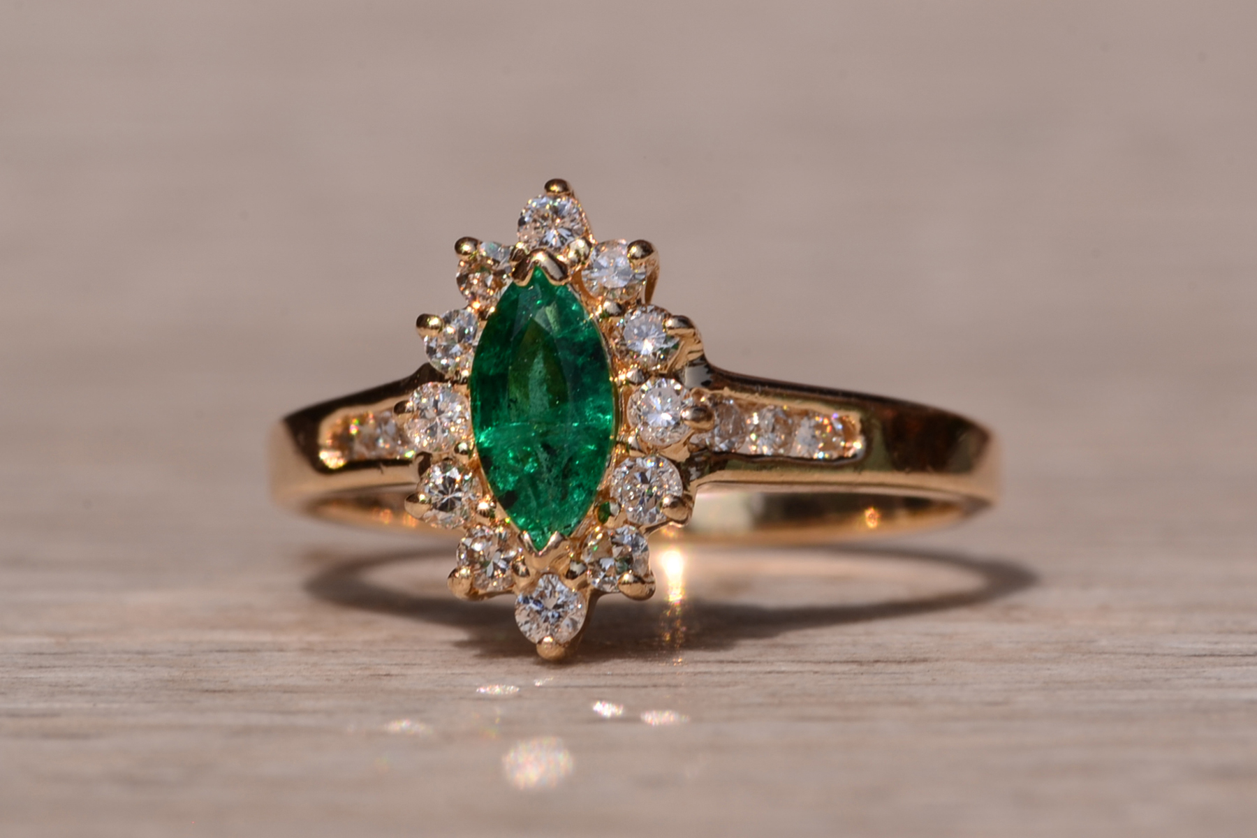 SOLD - The Gates Ave: Navette Emerald Ring with Diamonds - Image 3